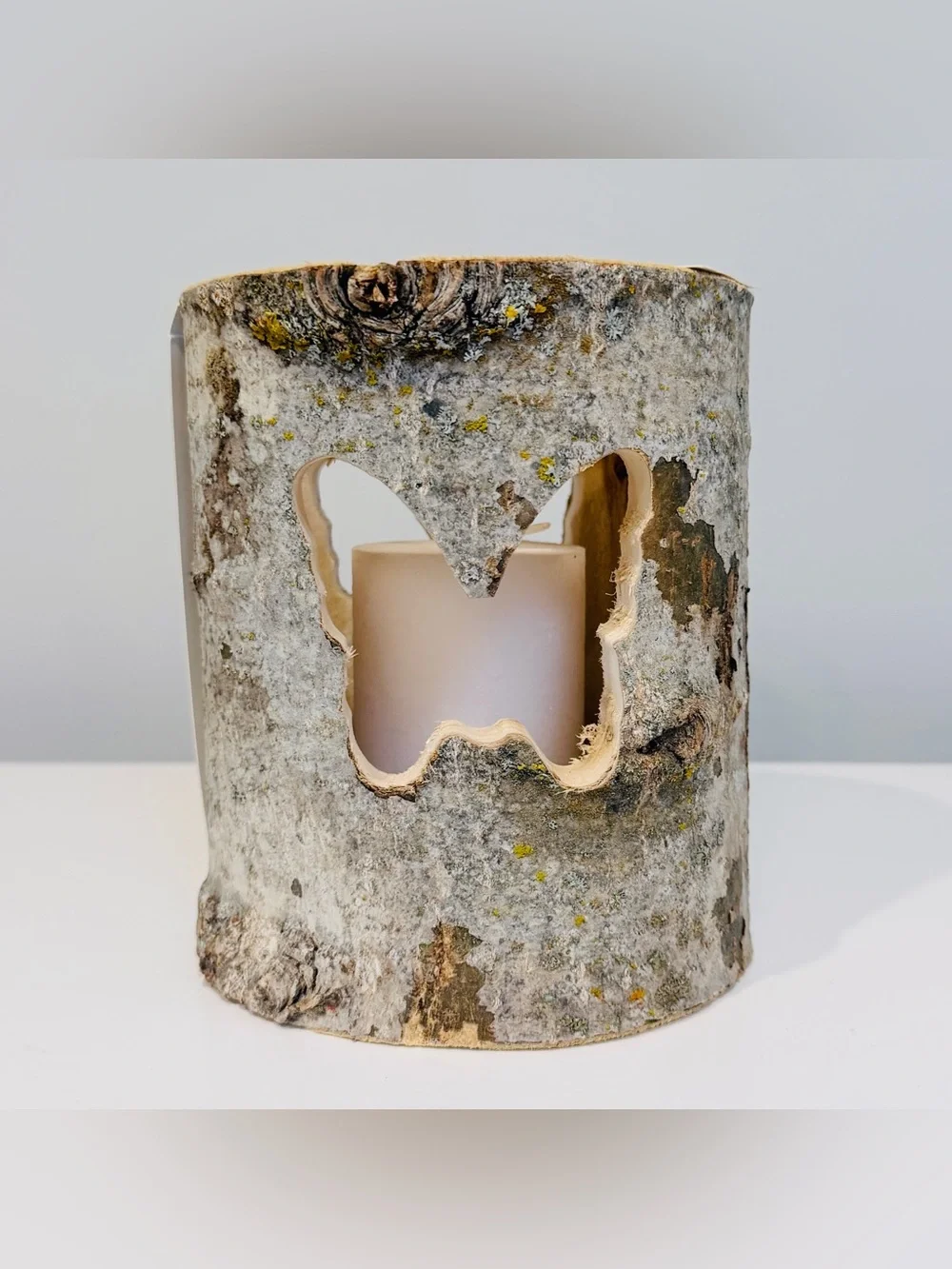 NEW Wood Carved Candle Lantern Holder - Natural Bark Finish
